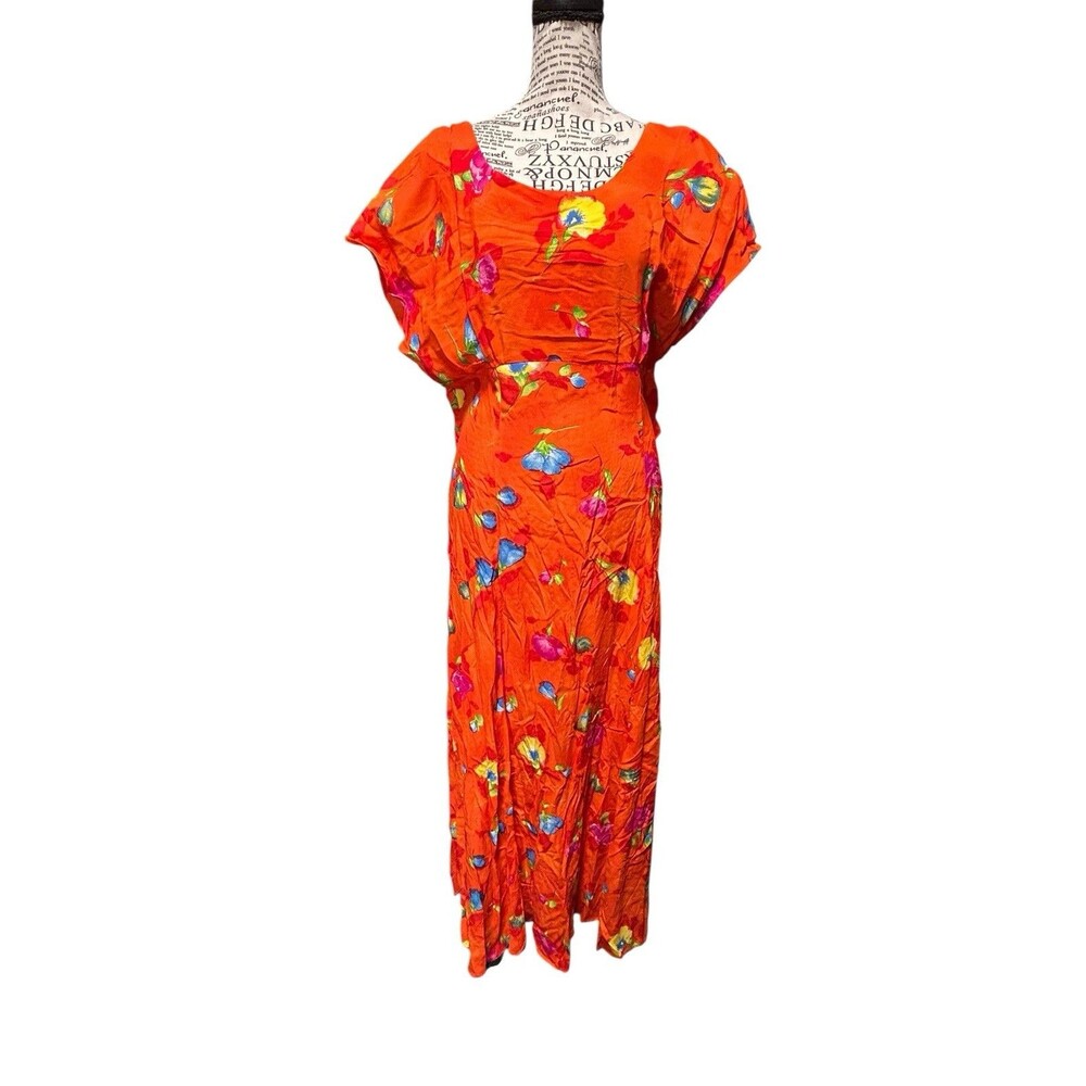 Vintage 1980s1970s Red‎ Flowy Floral Layered Long Maxi Capelet Chiffon Dress Lg